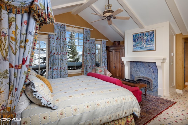 bedroom with heating unit, a fireplace, lofted ceiling with beams, and a ceiling fan