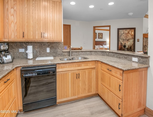 120 Offerson Rd Unit D330, Beaver Creek, CO 81620 - kitchen with dishwasher, a sink, a peninsula, light stone counters, and recessed lighting