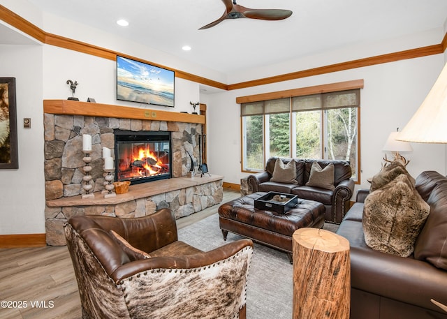 120 Offerson Rd Unit D330, Beaver Creek, CO 81620 - living room featuring baseboards, a fireplace, wood finished floors, ceiling fan, and recessed lighting