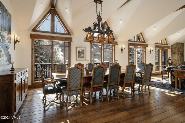 dining room with high vaulted ceiling and dark wood-type flooring