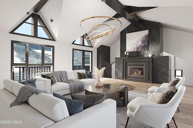 living area featuring a tiled fireplace, wood finished floors, beam ceiling, and a notable chandelier