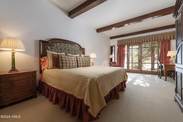 bedroom featuring access to outside, light colored carpet, and lofted ceiling with beams