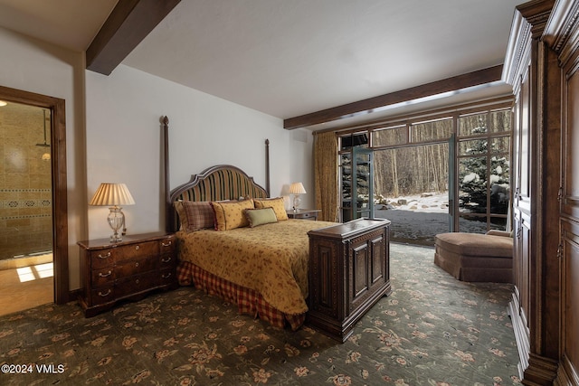 bedroom featuring access to exterior, dark colored carpet, and beamed ceiling