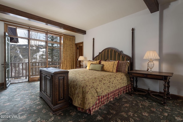 bedroom with access to outside, dark colored carpet, beam ceiling, and baseboards