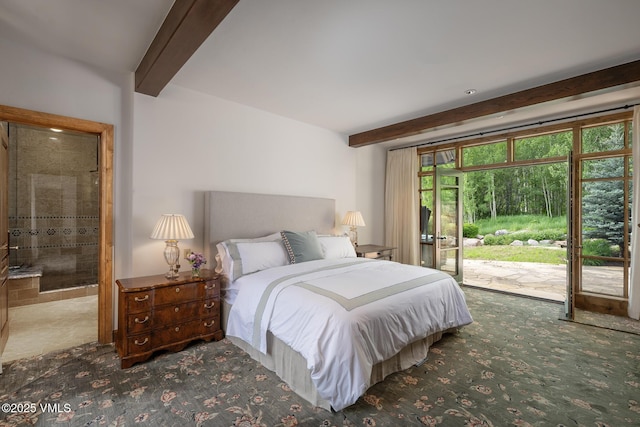 1094 Riva Gln, Vail, CO 81657 - bedroom with beamed ceiling, access to exterior, carpet floors, and multiple windows