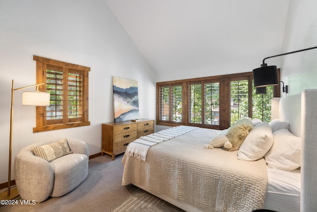 bedroom featuring dark carpet and high vaulted ceiling