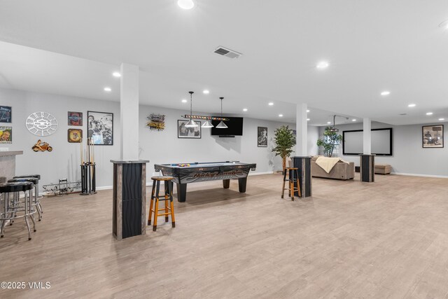 rec room featuring pool table and light hardwood / wood-style flooring