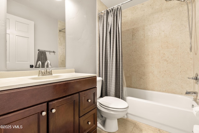 full bathroom with vanity, tile patterned floors, shower / bath combination with curtain, and toilet