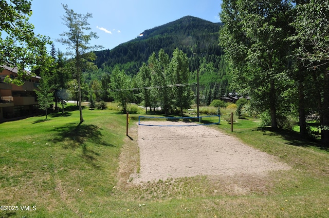 view of community with a yard, a mountain view, and volleyball court