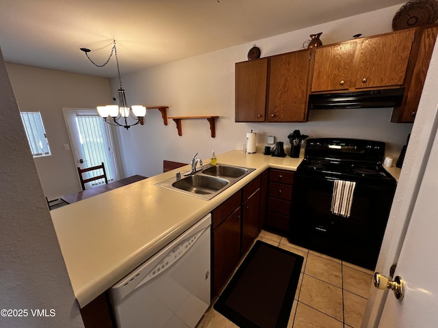 kitchen featuring black electric range oven, white dishwasher, light countertops, under cabinet range hood, and pendant lighting