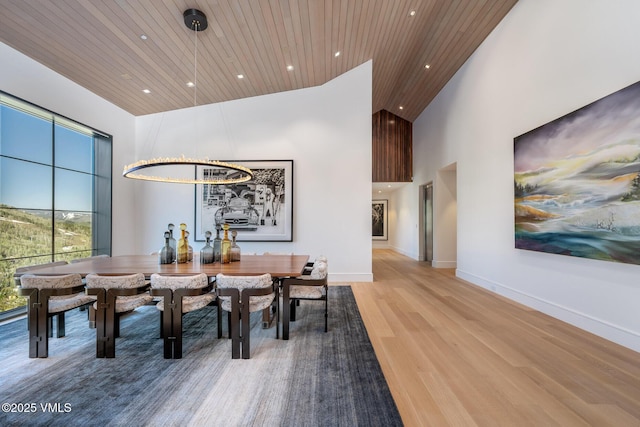 1326 Spraddle Creek Rd, Vail, CO 81657 - dining space featuring wood ceiling, wood finished floors, recessed lighting, a high ceiling, and baseboards
