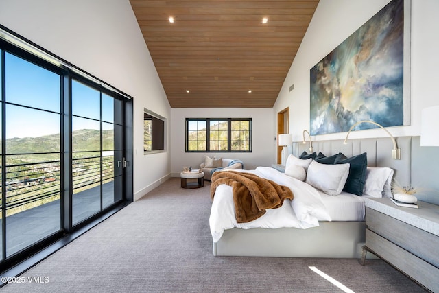 1326 Spraddle Creek Rd, Vail, CO 81657 - carpeted bedroom with wooden ceiling, access to exterior, baseboards, high vaulted ceiling, and recessed lighting