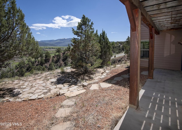 view of yard with a patio area and a mountain view