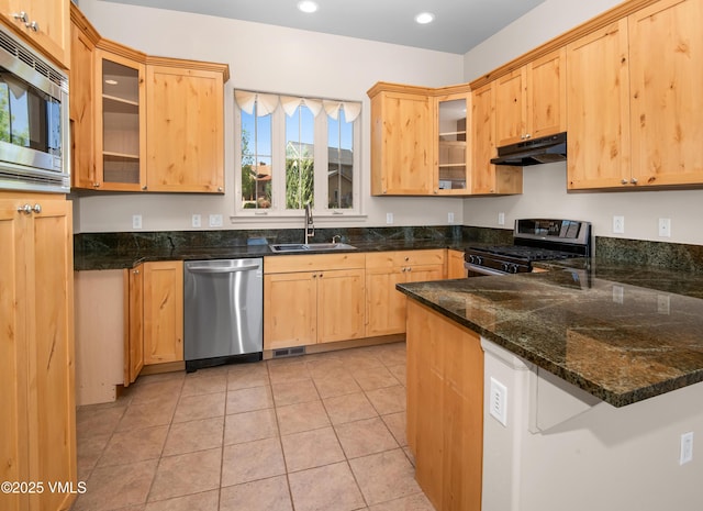 kitchen featuring appliances with stainless steel finishes, a sink, under cabinet range hood, recessed lighting, and light brown cabinets