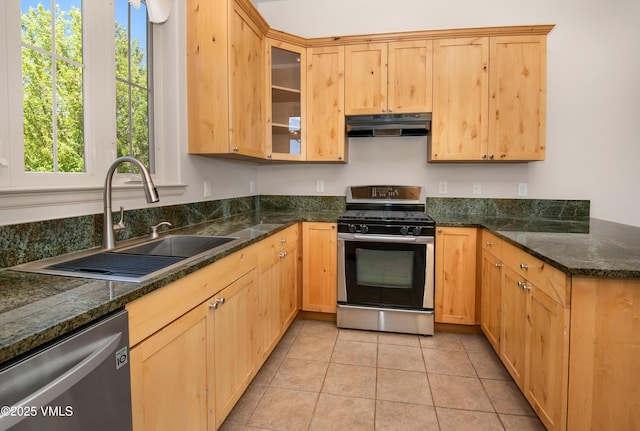 kitchen with stainless steel appliances, a sink, under cabinet range hood, glass insert cabinets, and light tile patterned floors