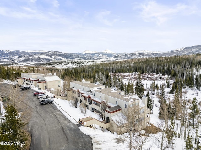 snowy aerial view with a mountain view