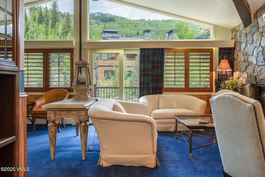 595 Vail Valley Dr Unit 351, Vail, CO 81657 - living room featuring carpet floors, vaulted ceiling, and a forest view