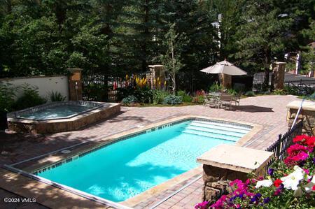 view of swimming pool featuring a patio area and an in ground hot tub