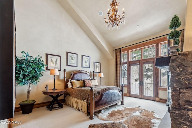 102 Village Walk, Beaver Creek, CO 81620 - carpeted bedroom with baseboards, a notable chandelier, a towering ceiling, french doors, and access to outside