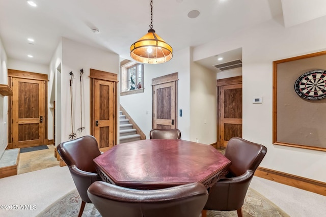 102 Village Walk, Beaver Creek, CO 81620 - dining room with recessed lighting, stairway, visible vents, and baseboards