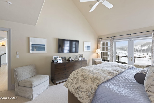 50 Bermuda Dr, Edwards, CO 81632 - bedroom featuring high vaulted ceiling, access to outside, light colored carpet, and ceiling fan