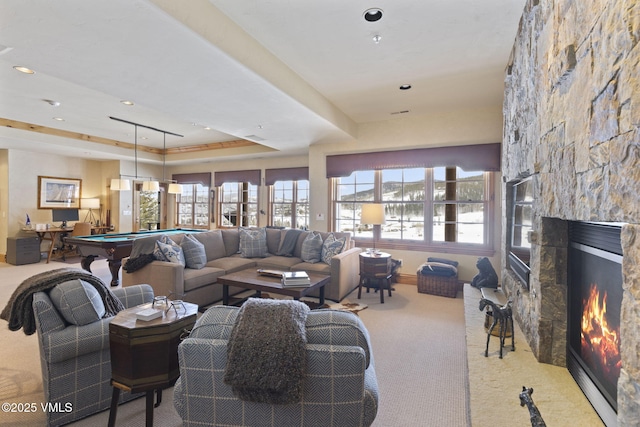 50 Bermuda Dr, Edwards, CO 81632 - living room with a raised ceiling, a stone fireplace, billiards, recessed lighting, and carpet flooring