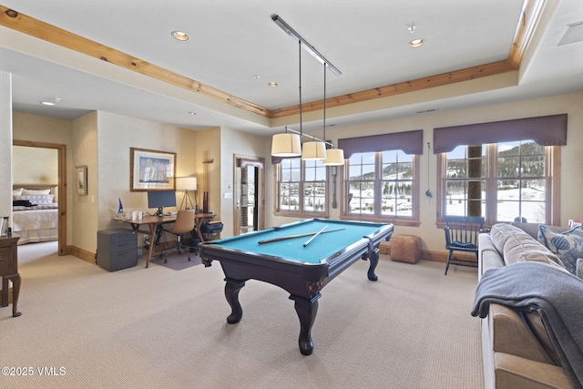 50 Bermuda Dr, Edwards, CO 81632 - recreation room featuring a tray ceiling, light colored carpet, baseboards, and billiards