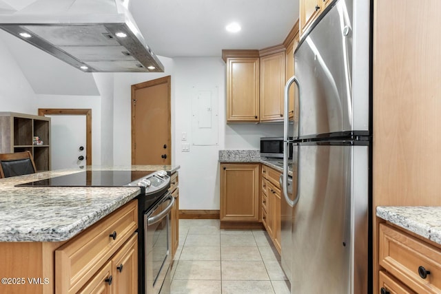 4192 Spruce Way Unit 209-A, Vail, CO 81657 - kitchen with appliances with stainless steel finishes, island range hood, light stone countertops, light tile patterned flooring, and recessed lighting