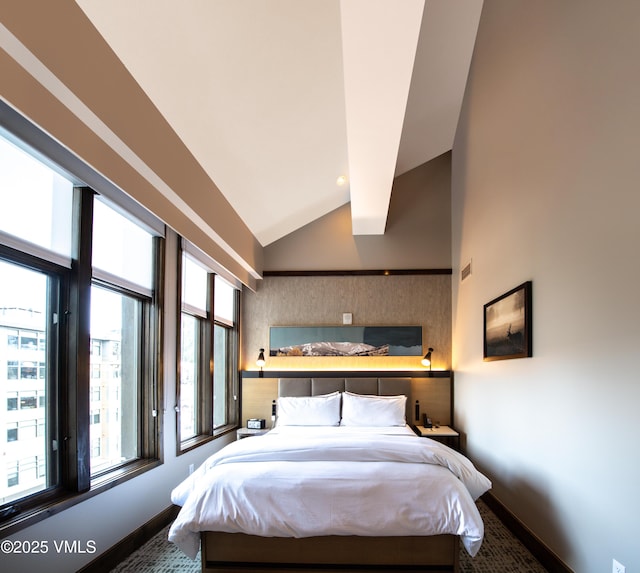 bedroom with lofted ceiling