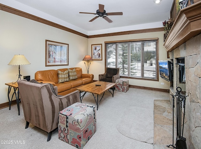 living room with ceiling fan, light carpet, and a fireplace