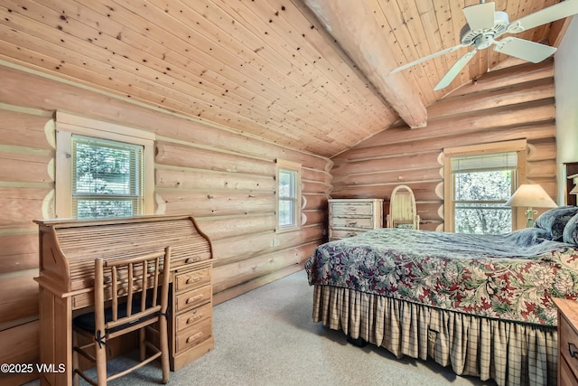 121 Hackamore Rd Unit B, Edwards, CO 81632 - carpeted bedroom with log walls, wooden ceiling, multiple windows, and a ceiling fan