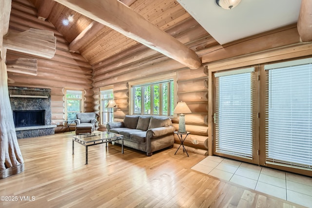121 Hackamore Rd Unit B, Edwards, CO 81632 - living area with wooden ceiling, log walls, wood finished floors, and a fireplace