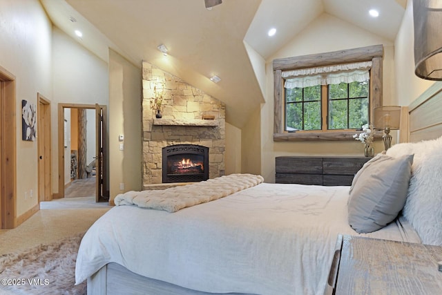 12 Cabin Creek Ln, Edwards, CO 81632 - carpeted bedroom with lofted ceiling, recessed lighting, and a stone fireplace