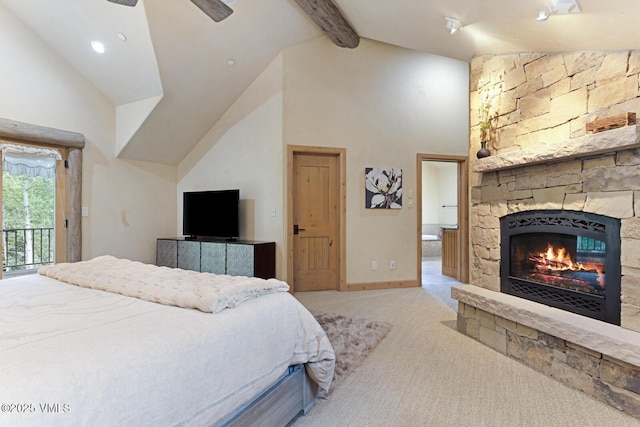 12 Cabin Creek Ln, Edwards, CO 81632 - bedroom with carpet, access to outside, a fireplace, beamed ceiling, and high vaulted ceiling