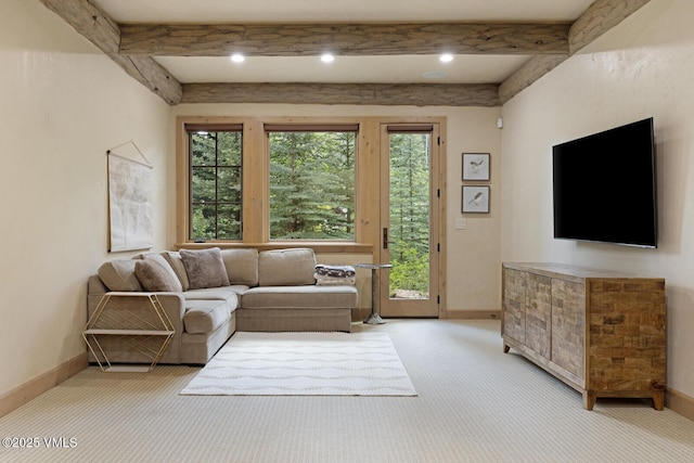 12 Cabin Creek Ln, Edwards, CO 81632 - living room with carpet floors, beamed ceiling, and recessed lighting