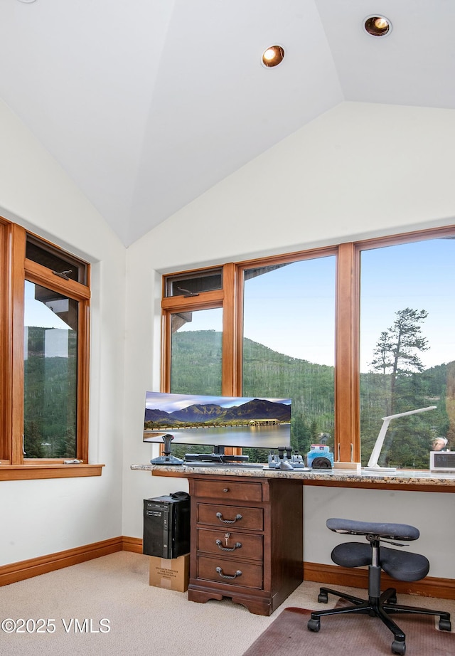 3827 Lupine Dr Unit B, Vail, CO 81657 - home office featuring lofted ceiling, built in study area, carpet, and recessed lighting