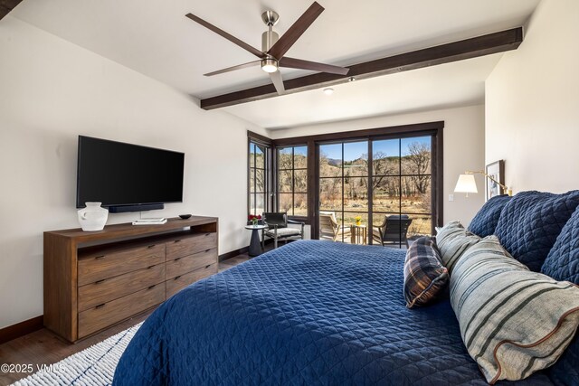 687 Hunters View Ln, Eagle, CO 81631 - bedroom with wood finished floors, baseboards, beam ceiling, access to exterior, and a ceiling fan