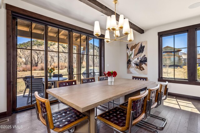 687 Hunters View Ln, Eagle, CO 81631 - dining area with a chandelier, beamed ceiling, plenty of natural light, dark wood-style flooring, and baseboards