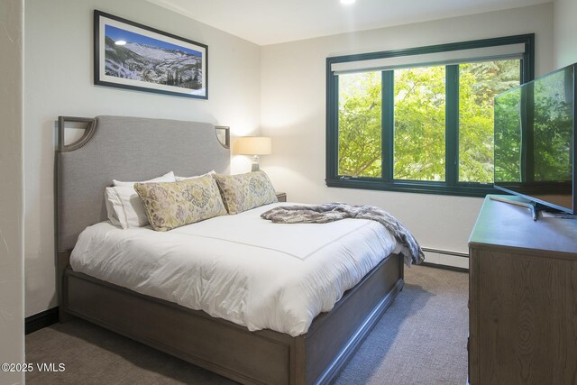 bedroom featuring a baseboard radiator and carpet