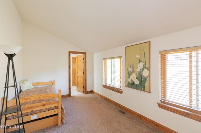 carpeted bedroom with lofted ceiling