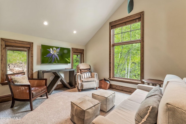 2417 Garmisch Dr Unit B, Vail, CO 81657 - carpeted living room with vaulted ceiling and recessed lighting