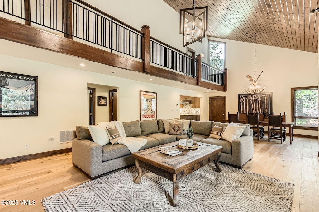 5188 Gore Cir, Vail, CO 81657 - living area with a chandelier, high vaulted ceiling, light wood-style floors, baseboards, and wood ceiling