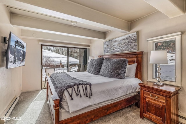 bedroom featuring a baseboard radiator, beam ceiling, carpet floors, and access to outside