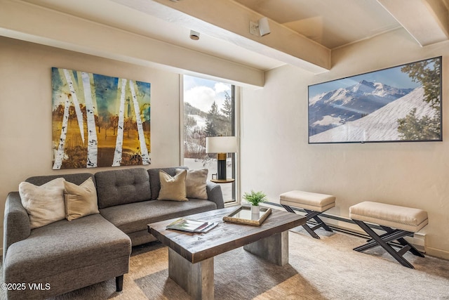 living room featuring beam ceiling