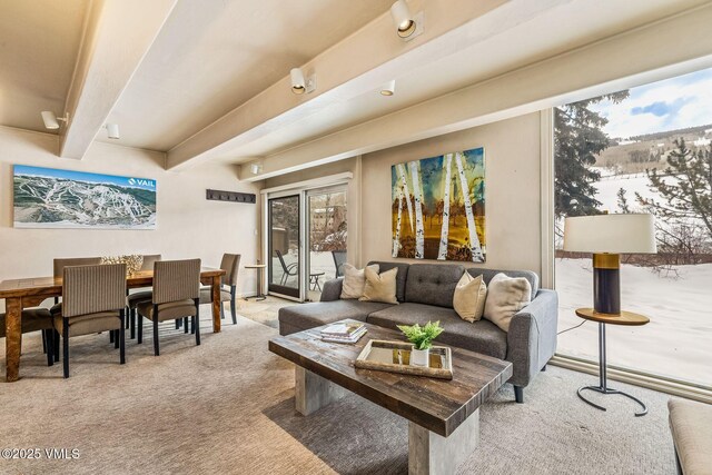 living room featuring beam ceiling and light colored carpet