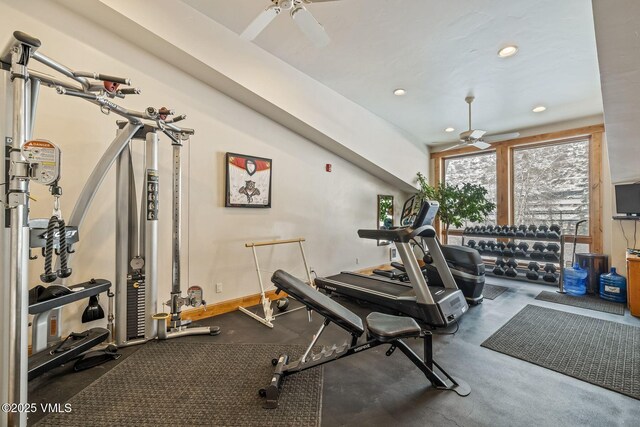 workout area featuring ceiling fan