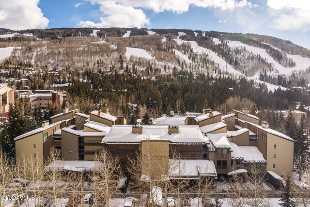 snowy aerial view featuring a mountain view