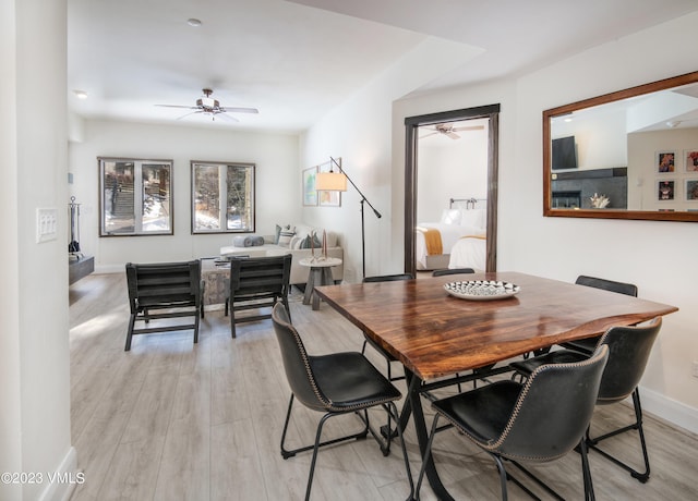 dining area with ceiling fan and light wood-type flooring