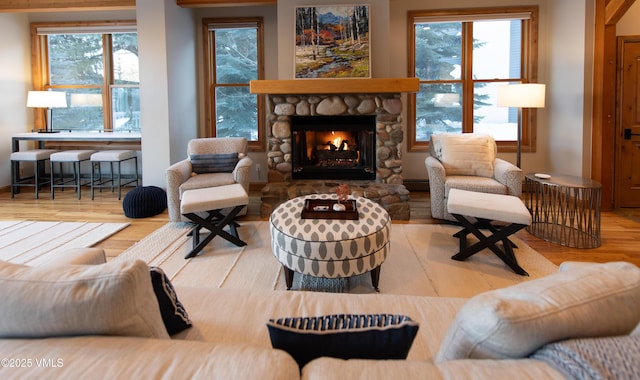 living room with a stone fireplace, wood-type flooring, and a healthy amount of sunlight