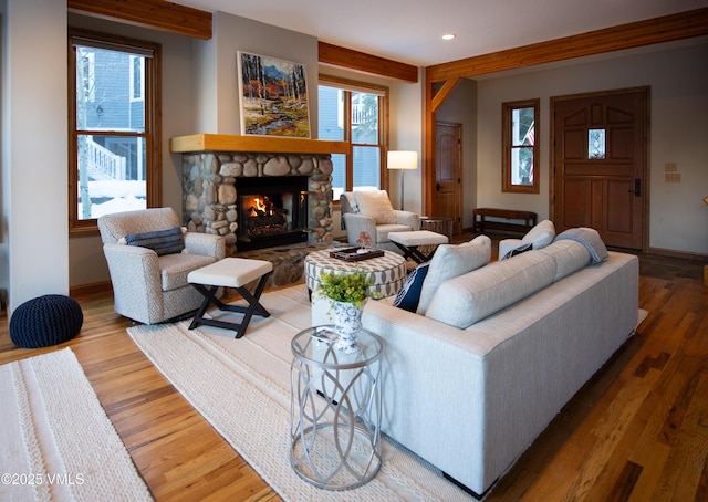 living room with hardwood / wood-style floors, a stone fireplace, and a healthy amount of sunlight